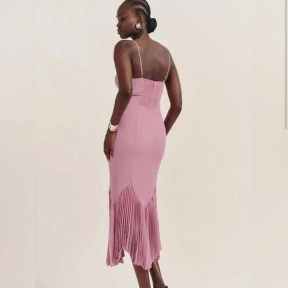 Reformation Aiko Pink Pleated Hem Midi Dress - Picture 3 of 14